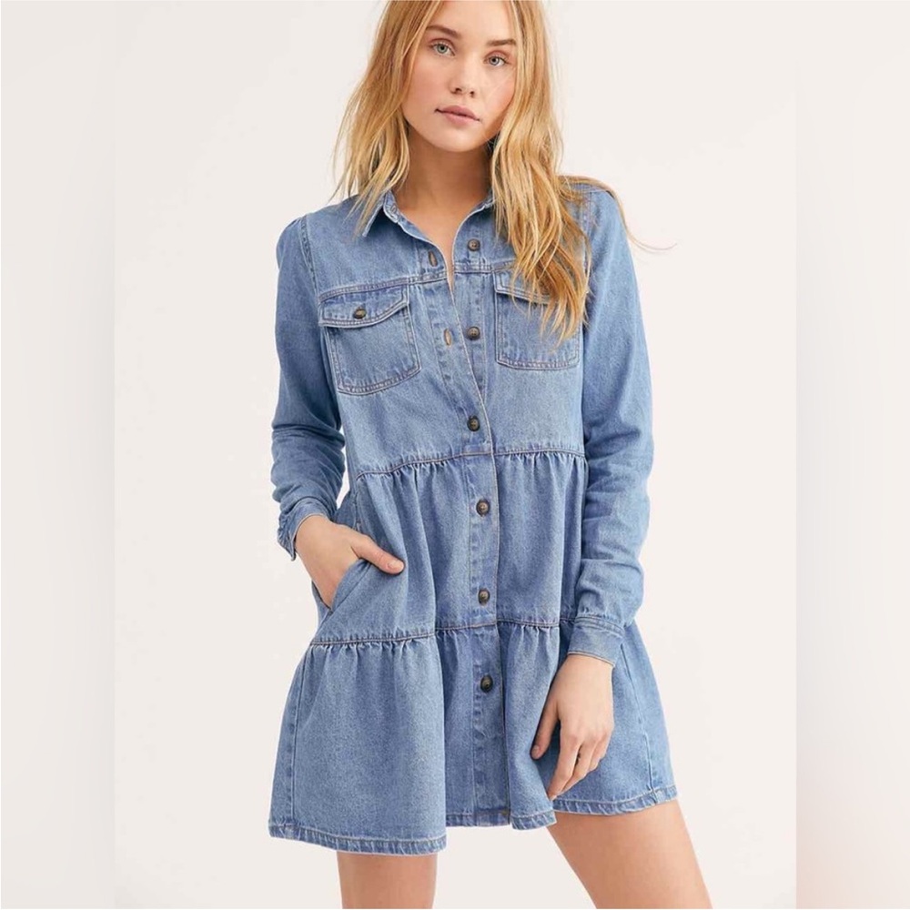 Free People Blue Denim Long Sleeve Dress